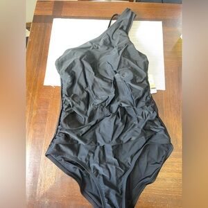 Women’s One Shoulder Black One Piece Swimsuit Ruched Tummy Control Size Large